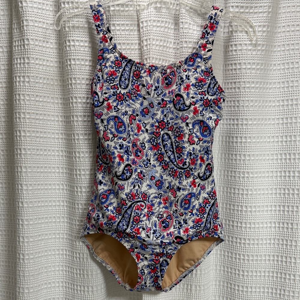 Lands' End Paisley‎ scoop tank swimsuit SZ 4 white/blue/pink modest beach cruise